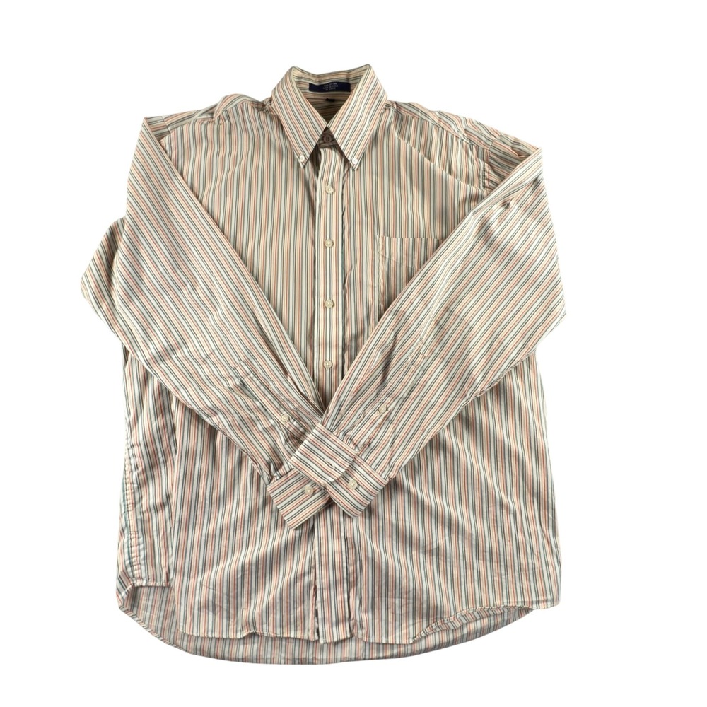 Alan Flusser Mens Large Button Down Shirt Cotton Striped Long Sleeve Multi Color